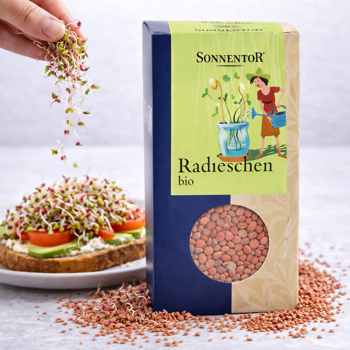 Saaten von Sonnentor, Radieschen, 6x120g, frische Saatgutpackung für den Anbau in der Küche oder im Garten.