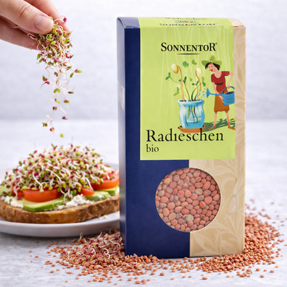 Saaten von Sonnentor, Radieschen, 6x120g, frische Saatgutpackung für den Anbau in der Küche oder im Garten.