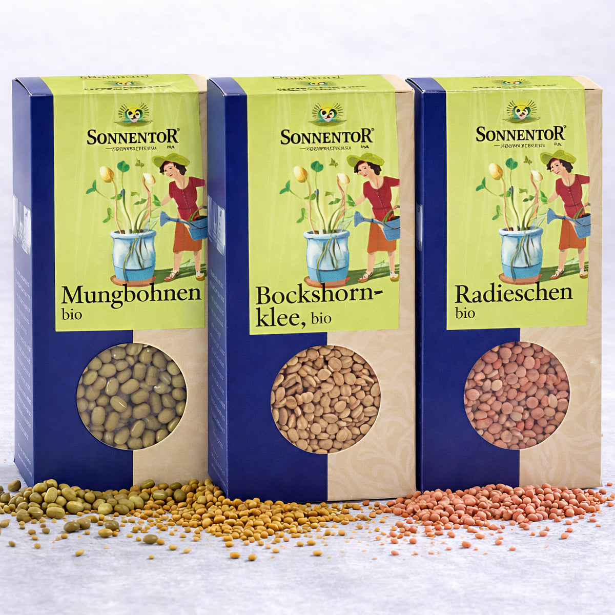 Sonnentor BIO Sprossenset mit Mungbohnen, Bockshornklee und Radieschen Saaten, 120g pro Packung, frische Keimsaaten