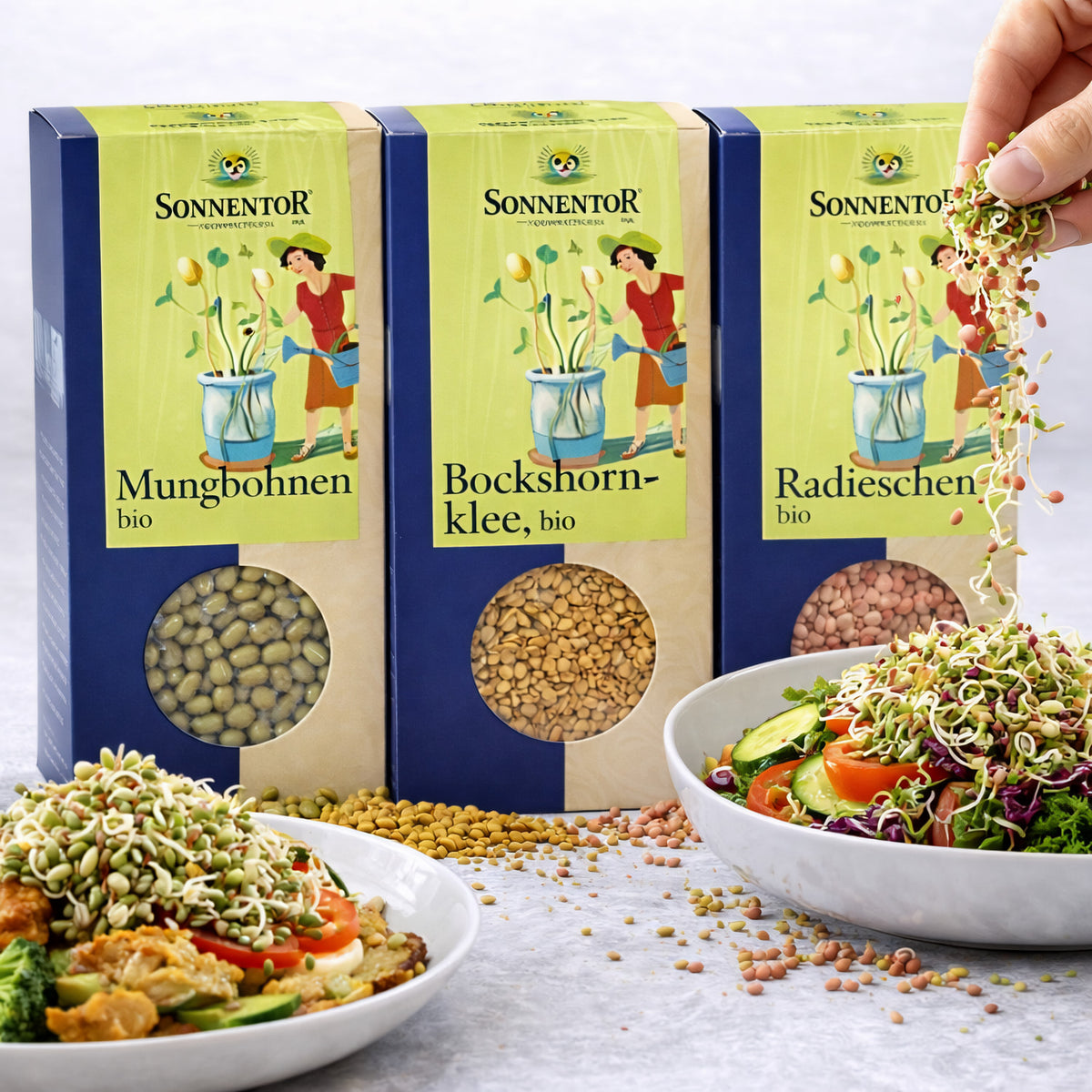 Sonnentor BIO Sprossenset mit Mungbohnen, Bockshornklee und Radieschen Saaten, 120g pro Packung, frische Keimsaaten