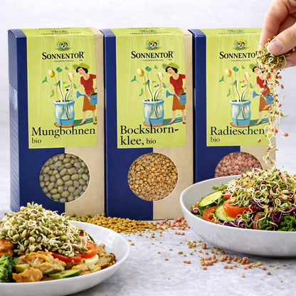 Sonnentor BIO Sprossenset mit Mungbohnen, Bockshornklee und Radieschen Saaten, 120g pro Packung, frische Keimsaaten