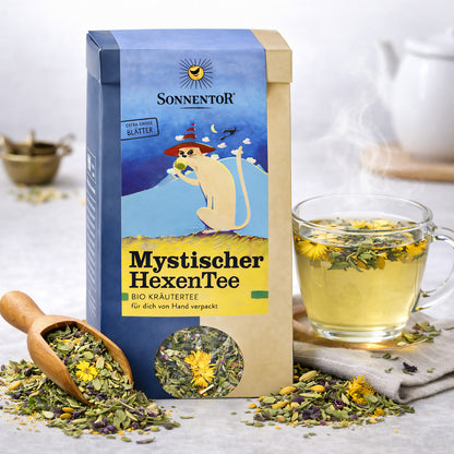 Lose Bio Mystischer HexenTee von Sonnentor, aromatischer Kräutertee in 2x40g Packungen, mit mystischem Kräutermotiv auf der Verpackung