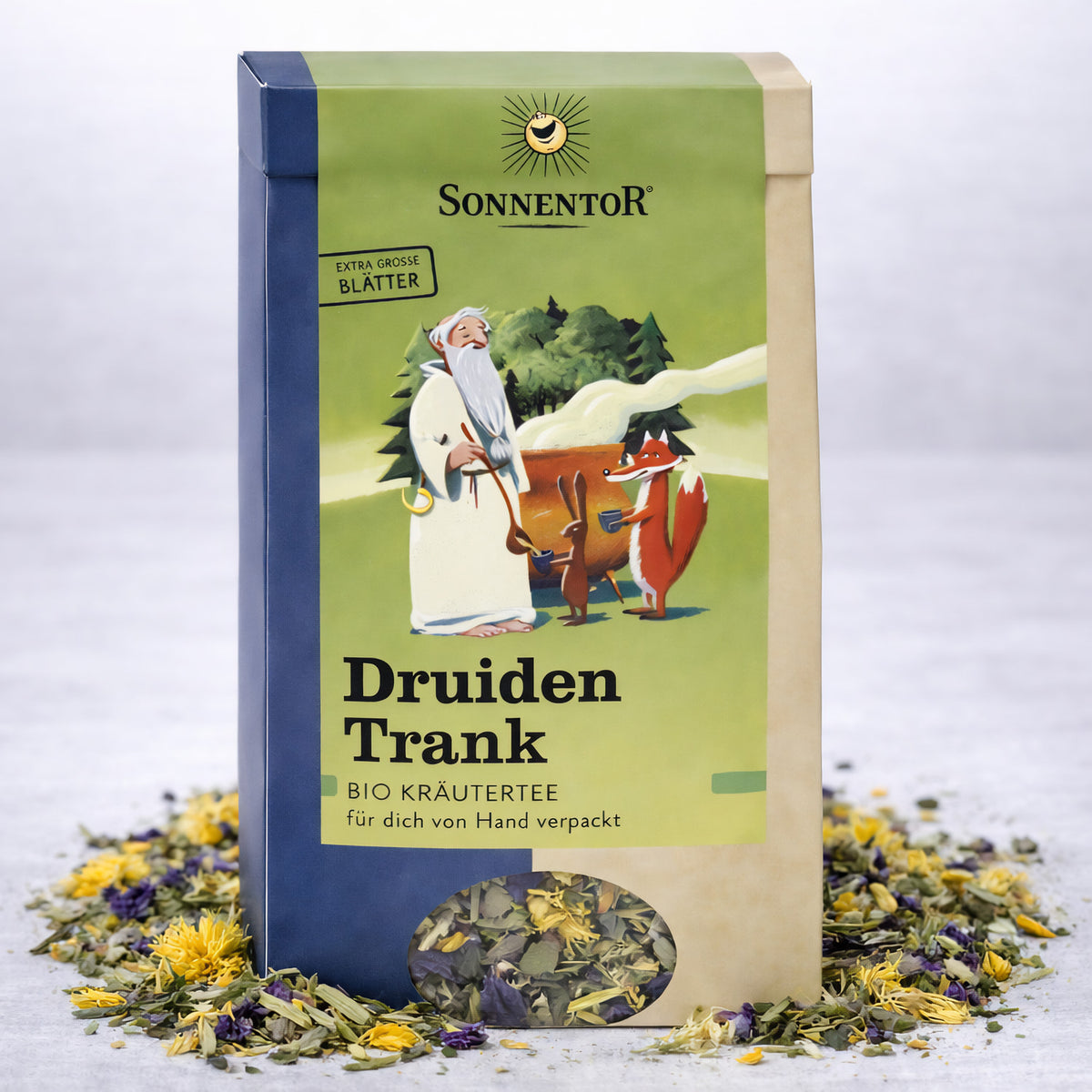Lose Sonnentor Druidentrank Tee in 6x50g Packung, mit frischen Kräutern und natürlichen Zutaten, ideal für eine entspannende Teepause.