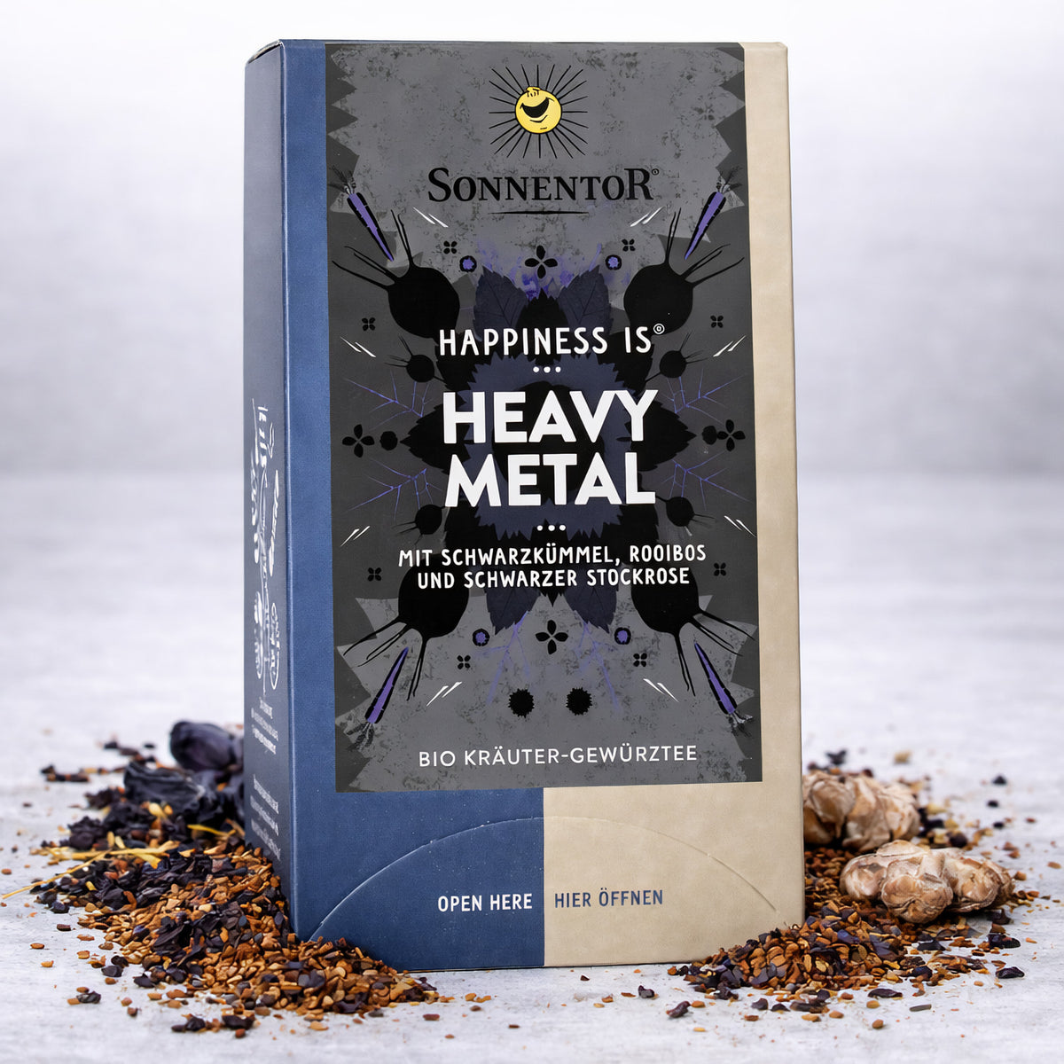 Bio Heavy Metal Tee von Sonnentor, zwei Packungen mit je 27g, Gewürz- und Saucen-Produkt, zeigt die Teetassen und Verpackungen