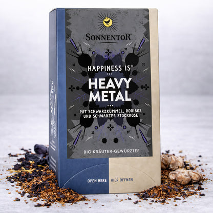 Bio Heavy Metal Tee von Sonnentor, zwei Packungen mit je 27g, Gewürz- und Saucen-Produkt, zeigt die Teetassen und Verpackungen