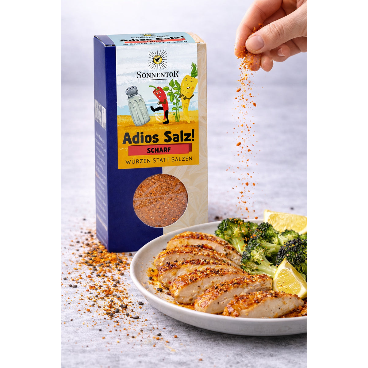 Sonnentor Adios Salz scharfe Gemüsemischung in 3 x 50g Packungen, Gewürz mit würziger, scharfer Geschmack für Gemüsegerichte