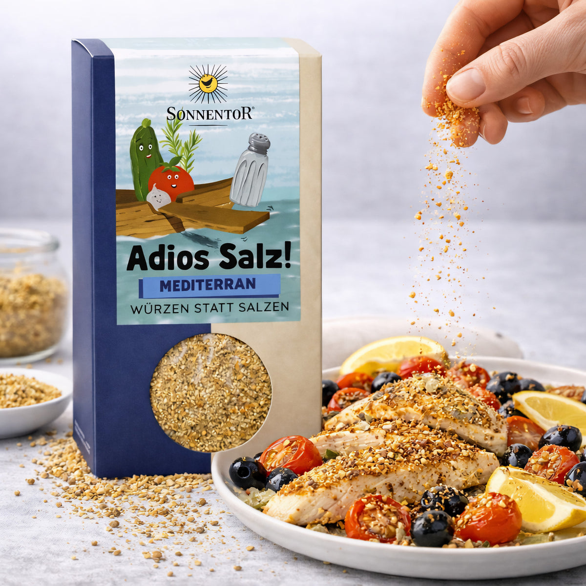 Sonnentor Bio Adios Salz mit mediterraner Gemüsemischung in Gewürz- und Saucenverpackung, 2x55g, natürliche Bio-Gewürzmischung