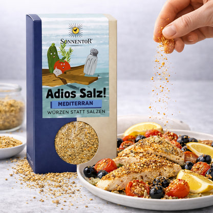 Sonnentor Bio Adios Salz mit mediterraner Gemüsemischung, Gewürze und Kräuter in Packungen, natürlich und frisch.