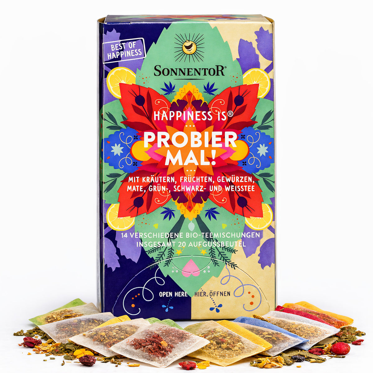 Bio-Tee Probier mal! Sonnentor, Glücklichkeits-Mischung, 3x32g, aromatischer Kräutertee in Teebeutel, natürliche Zutaten, handgefertigt