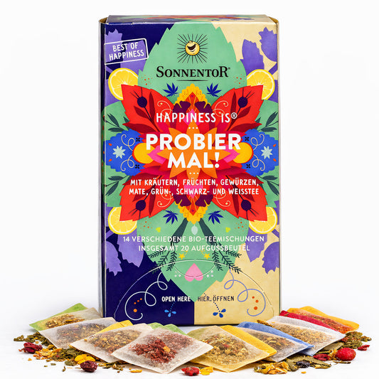 Bio-Tee Probier mal! Sonnentor, Glücklichkeits-Mischung, 3x32g, aromatischer Kräutertee in Teebeutel, natürliche Zutaten, handgefertigt