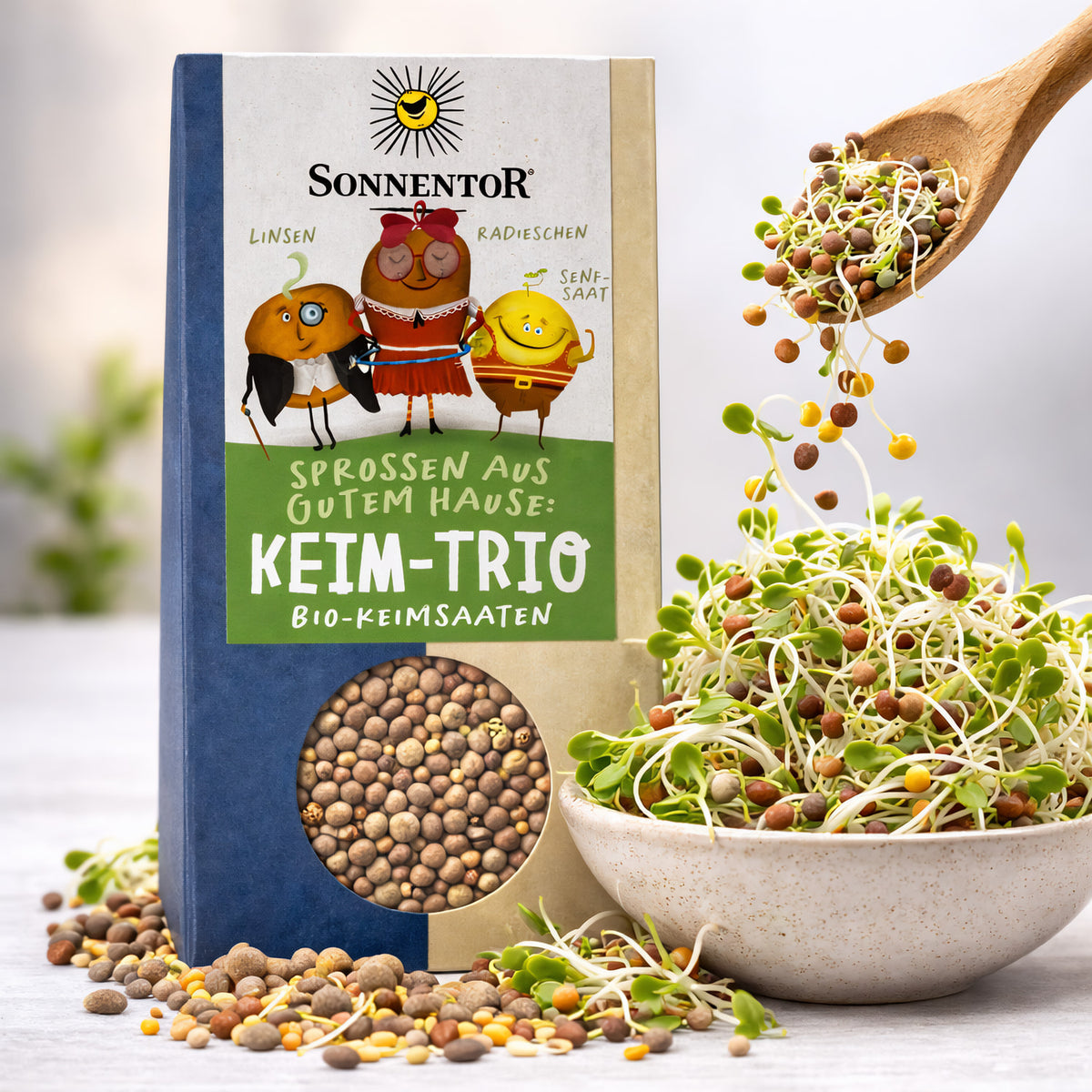 Bio Keim-Trio von Sonnentor, Saaten in 2x120g Verpackungen, frische und nährstoffreiche Keimsaaten, ideal für gesunde Ernährung