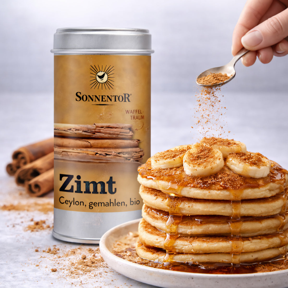 Gemahlener Ceylon-Zimt von Sonnentor, Bio-Zimt für Tee, in zwei 40-Gramm-Packungen, sichtbarer Zimtstift und Verpackung