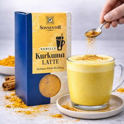 Bio Kurkuma Latte mit Ingwer von Sonnentor, Frühstücksgetränk in 60g Packung, cremig und aromatisch, ideal für einen gesunden Start.