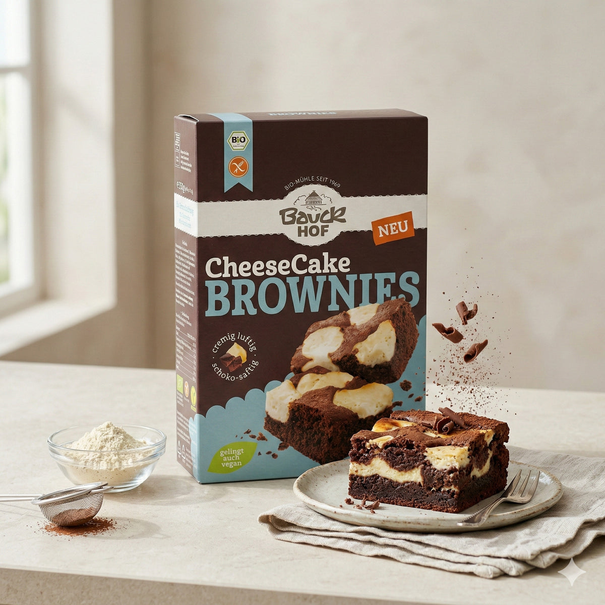 Bauckhof Cheesecake-Brownies Backmischung auf Küchentisch, daneben ein Stück Brownie auf Teller mit Gabel, Schokoraspeln und Schüssel Mehl.