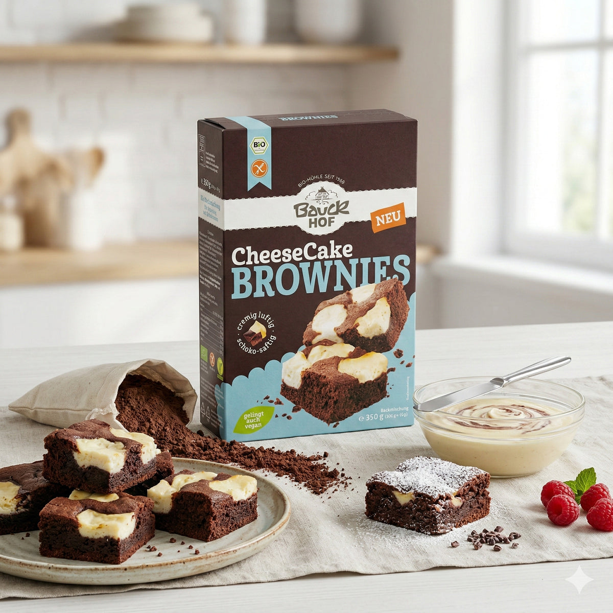 Bauckhof Backmischung für Cheesecake-Brownies 350g, daneben angerichtete Brownie-Stücke auf Teller, Schüssel mit Creme und frische Himbeeren.