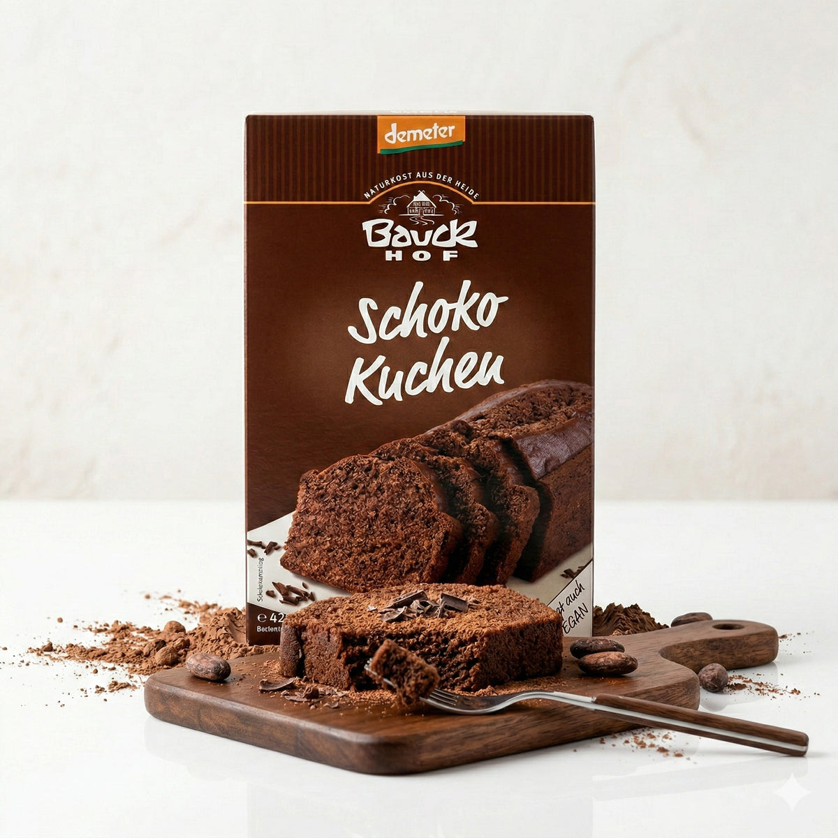 bauckhof schokokuchen backmischung auf einem Holzbrett, davor angeschnittenes Kuchenstück mit Gabel, Kakaopulver und Kakaobohnen.