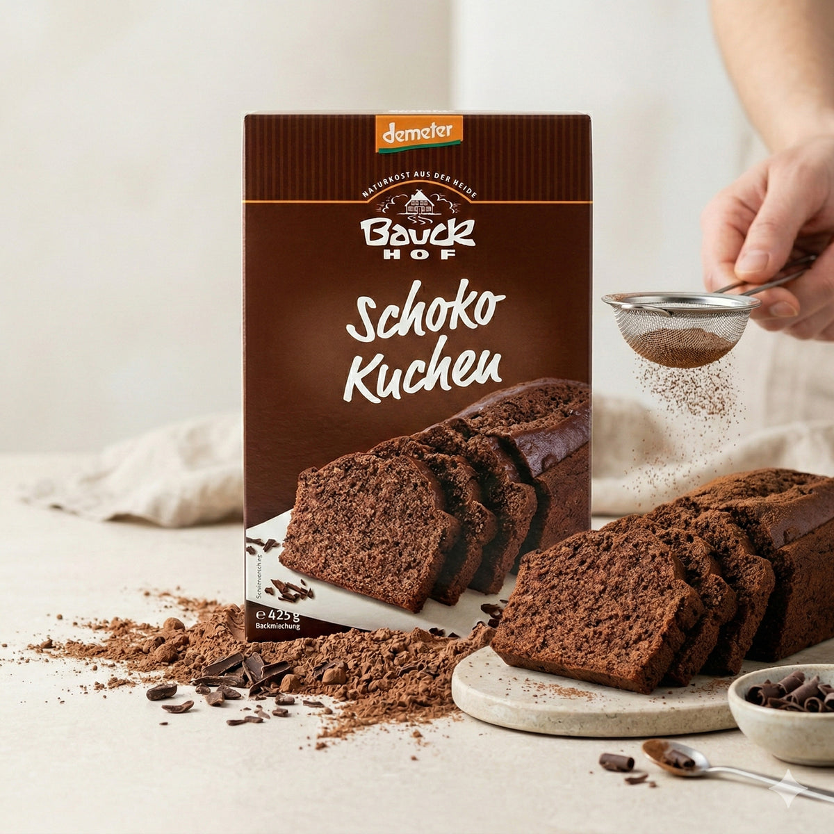 bauckhof schokokuchen backmischung neben angeschnittenem Schokokuchen, Hand streut Kakaopulver mit Sieb über die Kuchenscheiben.
