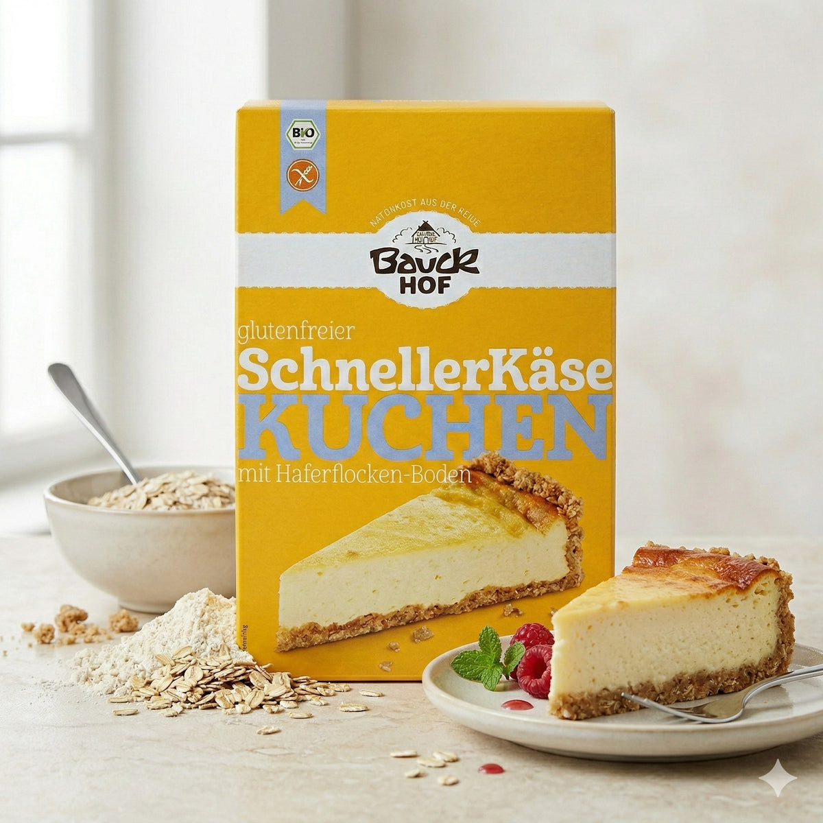 Bauckhof schnelle Käsekuchen Backmischung glutenfrei 485g vor Fenster, daneben Schüssel mit Haferflocken und ein Stück Käsekuchen auf Teller mit Himbeeren.