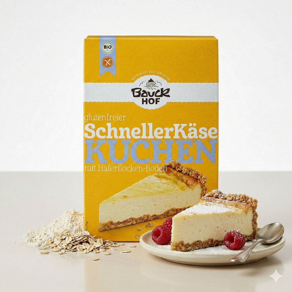 Packung Bauckhof schnelle Käsekuchen Backmischung glutenfrei 485g, davor ein Stück Käsekuchen auf Teller mit Himbeeren und zwei Löffeln.