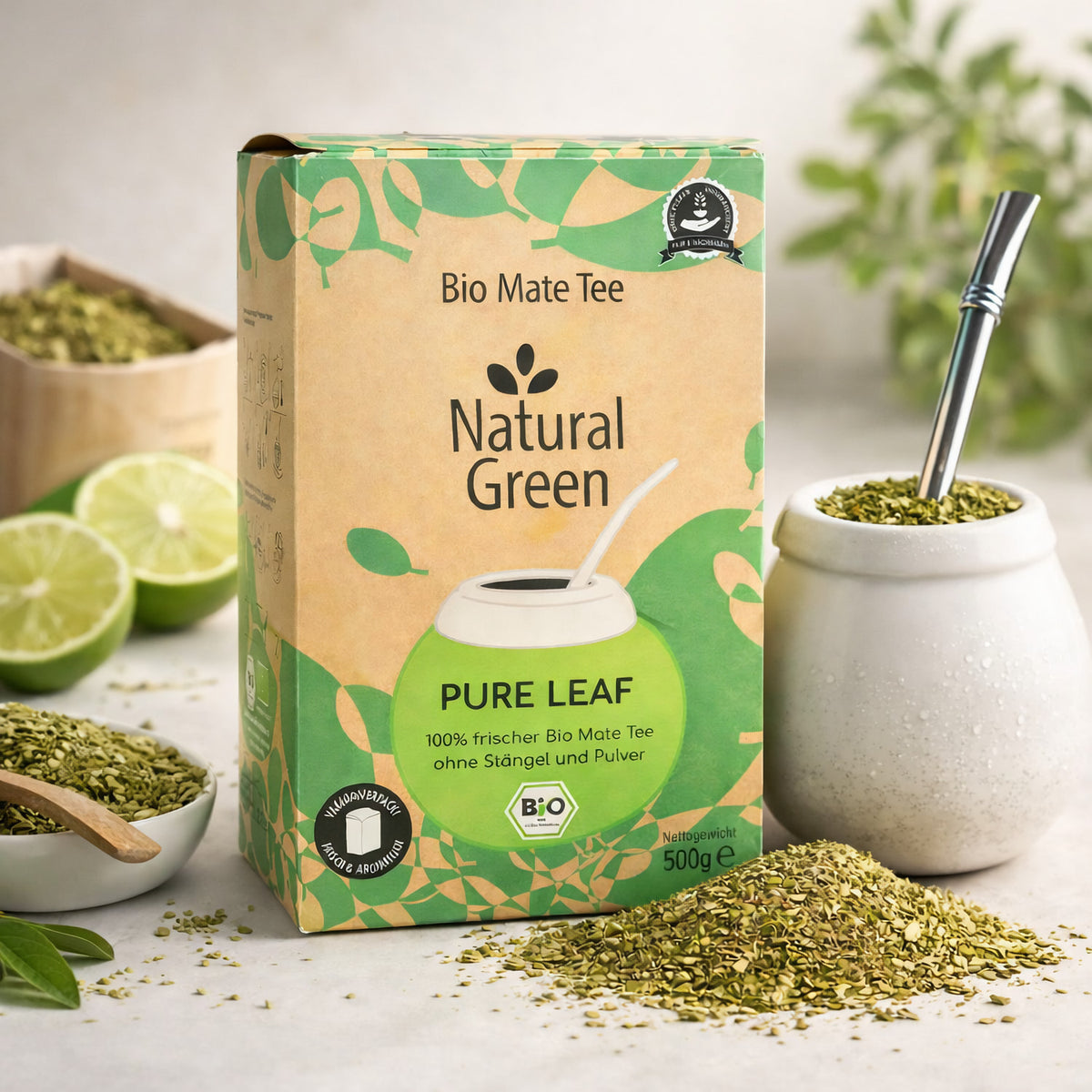 Bio Mate Tee Natural Green von Pure Leaf, grüner Kräutertee ohne Stängel, 500g Packung, reines Mate Kräutertee.