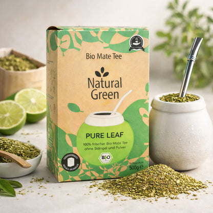 Bio Mate Tee Natural Green von Pure Leaf, grüner Kräutertee ohne Stängel, 500g Packung, reines Mate Kräutertee.