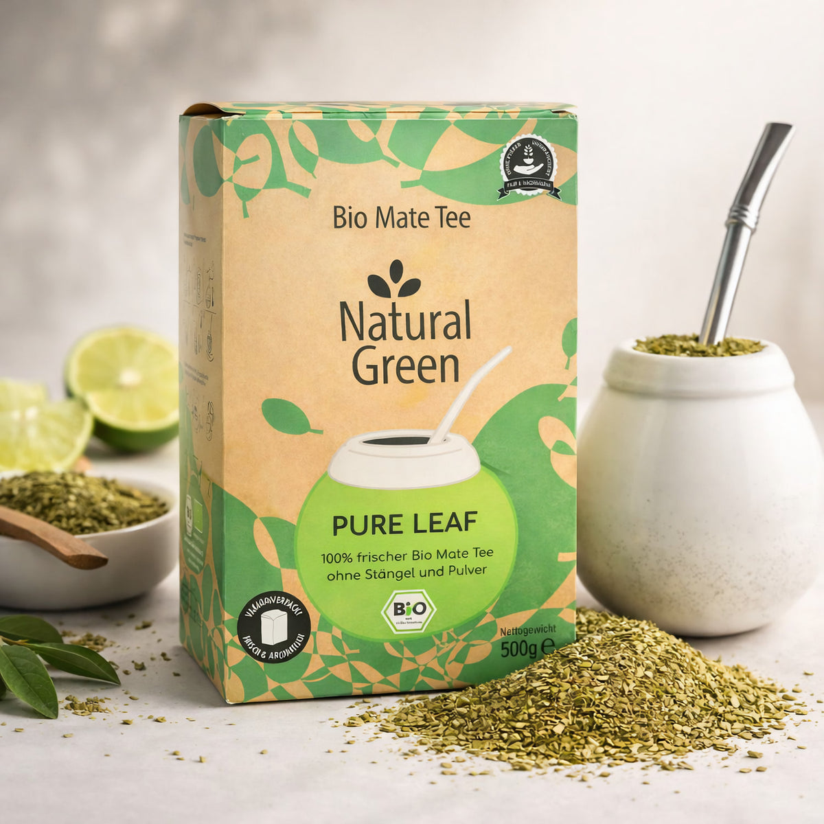 Bio Mate Tee Natural Green von Pure Leaf, grüner Mate Tee ohne Stängel, 500g, Kräuter- und Tee-Produkt