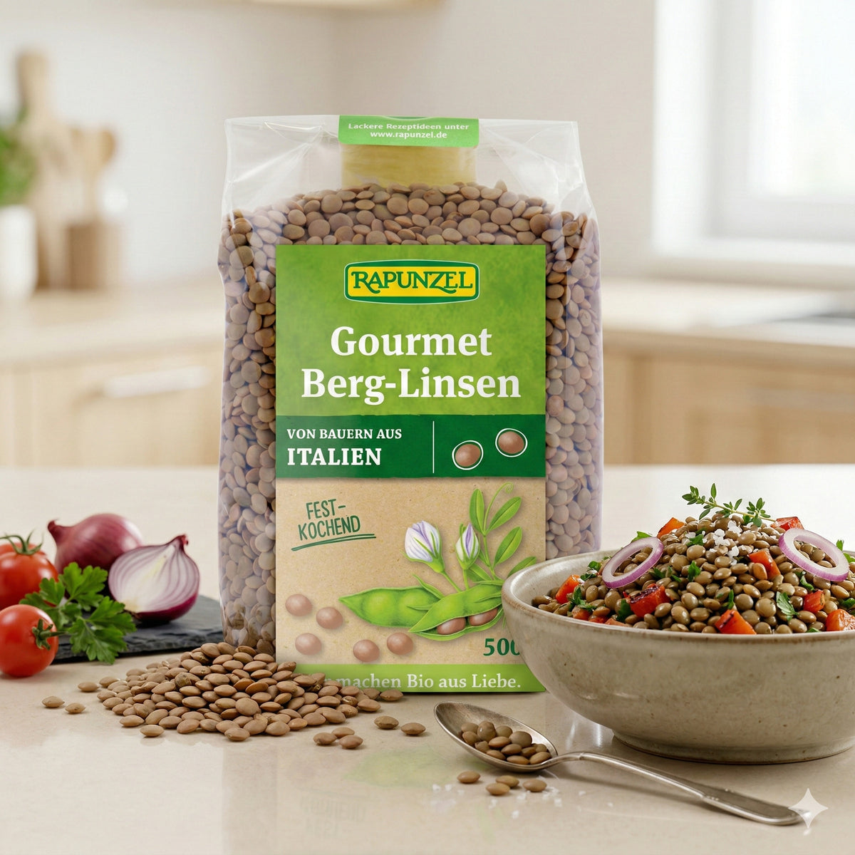 Bio Berglinsen von Rapunzel in 500g Verpackung, ideal zum Kochen, frische grüne Linsen für gesunde Mahlzeiten.