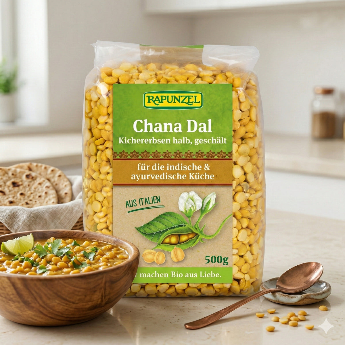 Rapunzel Bio Chana Dal, geschälte Kichererbsen, Kochprodukt, 500g Packung, frische, hochwertige Hülsenfrüchte in Schale