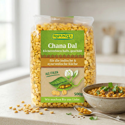 Rapunzel Bio Chana Dal, geschälte Kichererbsen, halb, zum Kochen, in 500g Packung, frisch und hochwertig.