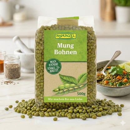 Rapunzel Bio Mungbohnen in einer Schüssel, frisch gekochte grüne Mungbohnen zum Kochen, naturbelassen, 500g.
