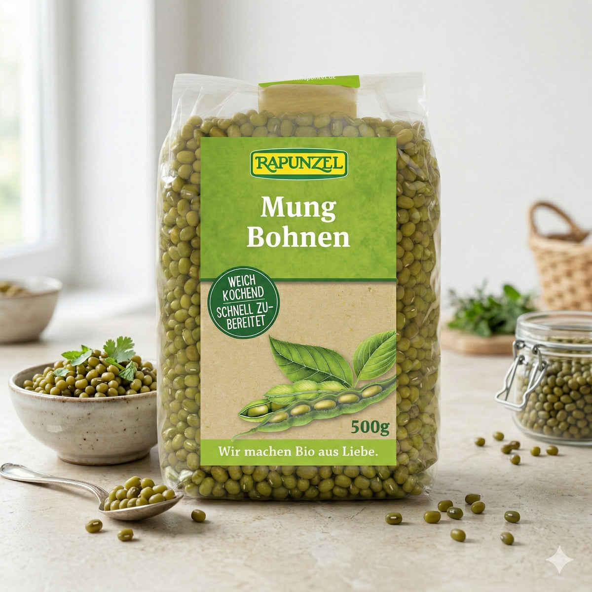 Bio Mungbohnen von Rapunzel, Kochbohnen in 500g-Packung, frische grüne Hülsenfrüchte für gesunde Rezepte