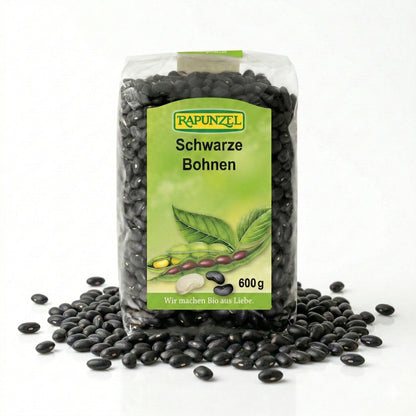 Schwarze Bio-Bohnen von Rapunzel in 500g-Packung, ideal zum Kochen, mit nährstoffreichen, dunklen Bohnen in der Packung.