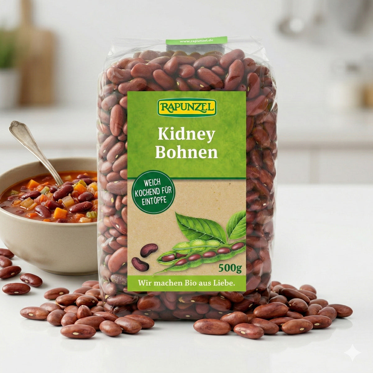 Rote Bio Kidneybohnen von Rapunzel in 500g Packung, ideal zum Kochen, frisch und nährstoffreich