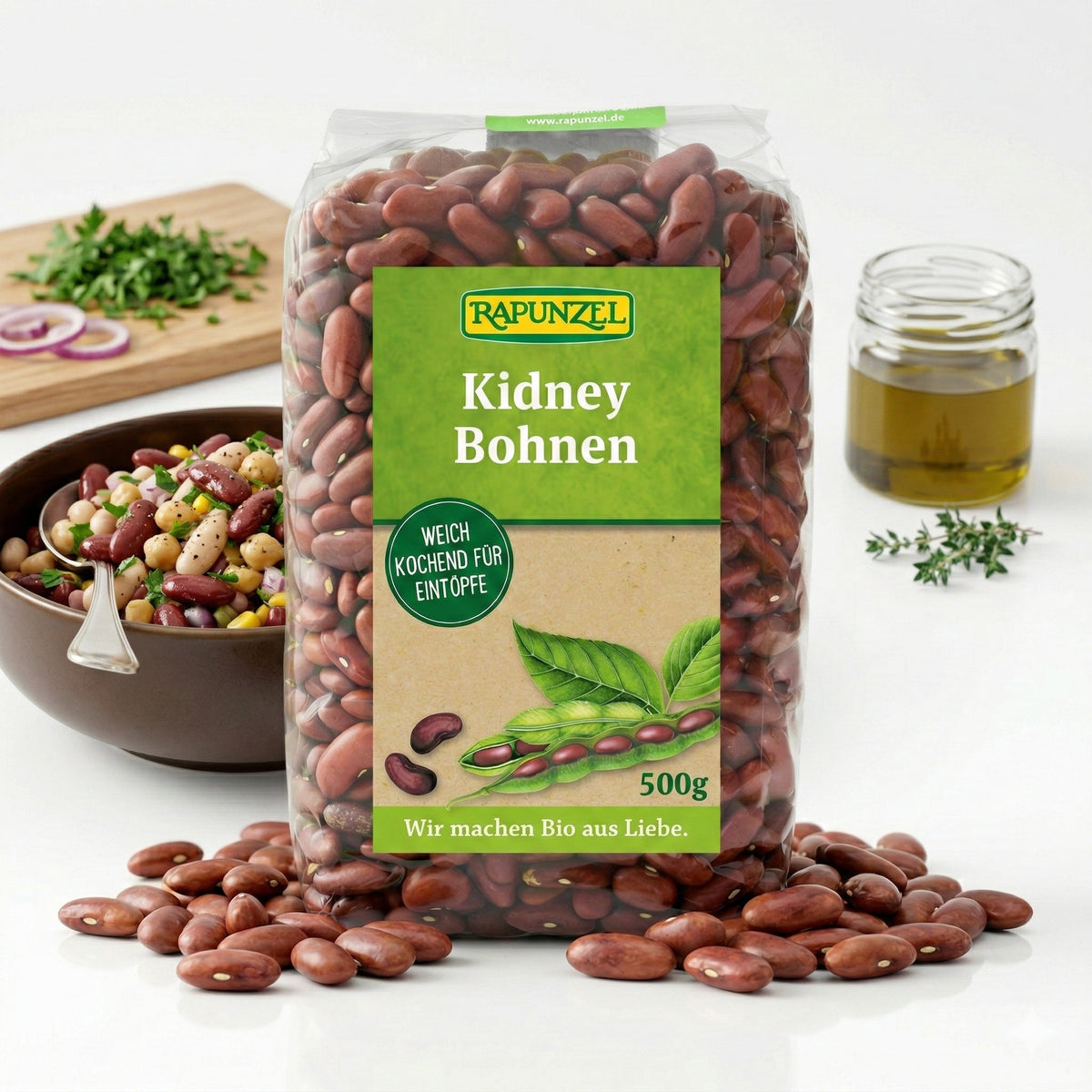 Rote Bio Kidneybohnen von Rapunzel in 500g-Packung, ideal zum Kochen, frische und gesunde Hülsenfrüchte.
