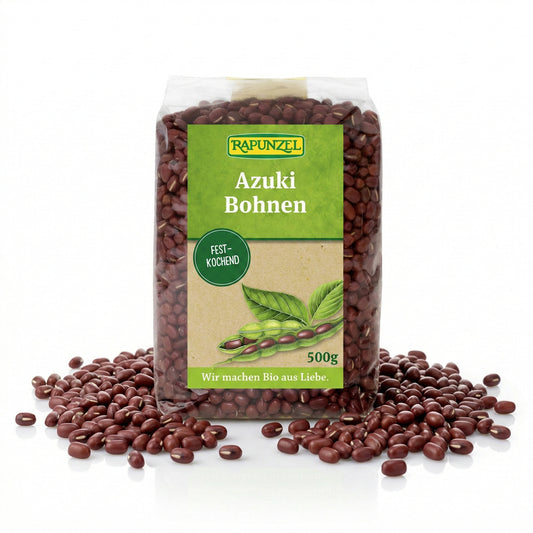 Bio Azukibohnen von Rapunzel in einer Schüssel, ideal zum Kochen, mit frischen, getrockneten Bohnen in 500g Verpackung