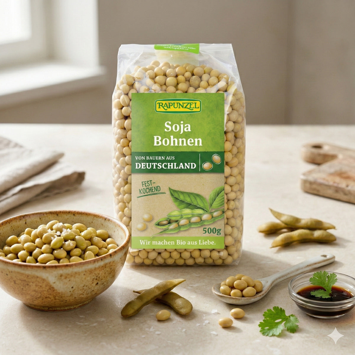Rapunzel Bio Sojabohnen zum Kochen, 500g, frische und gesunde Sojabohnen in einer transparenten Packung