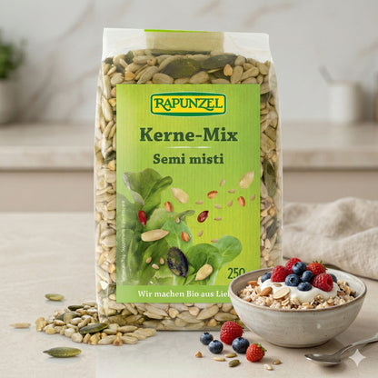 Bio Kernen-Mix von Rapunzel zum Kochen, zeigt eine Schüssel mit gemischten rohen Kernen und Samen.