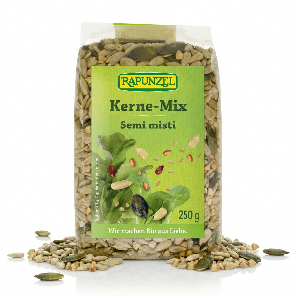Bio Kerne-Mix von Rapunzel, 250g, zum Kochen geeignet, zeigt eine Schale mit bunten, hochwertigen Samen für gesunde Mahlzeiten.