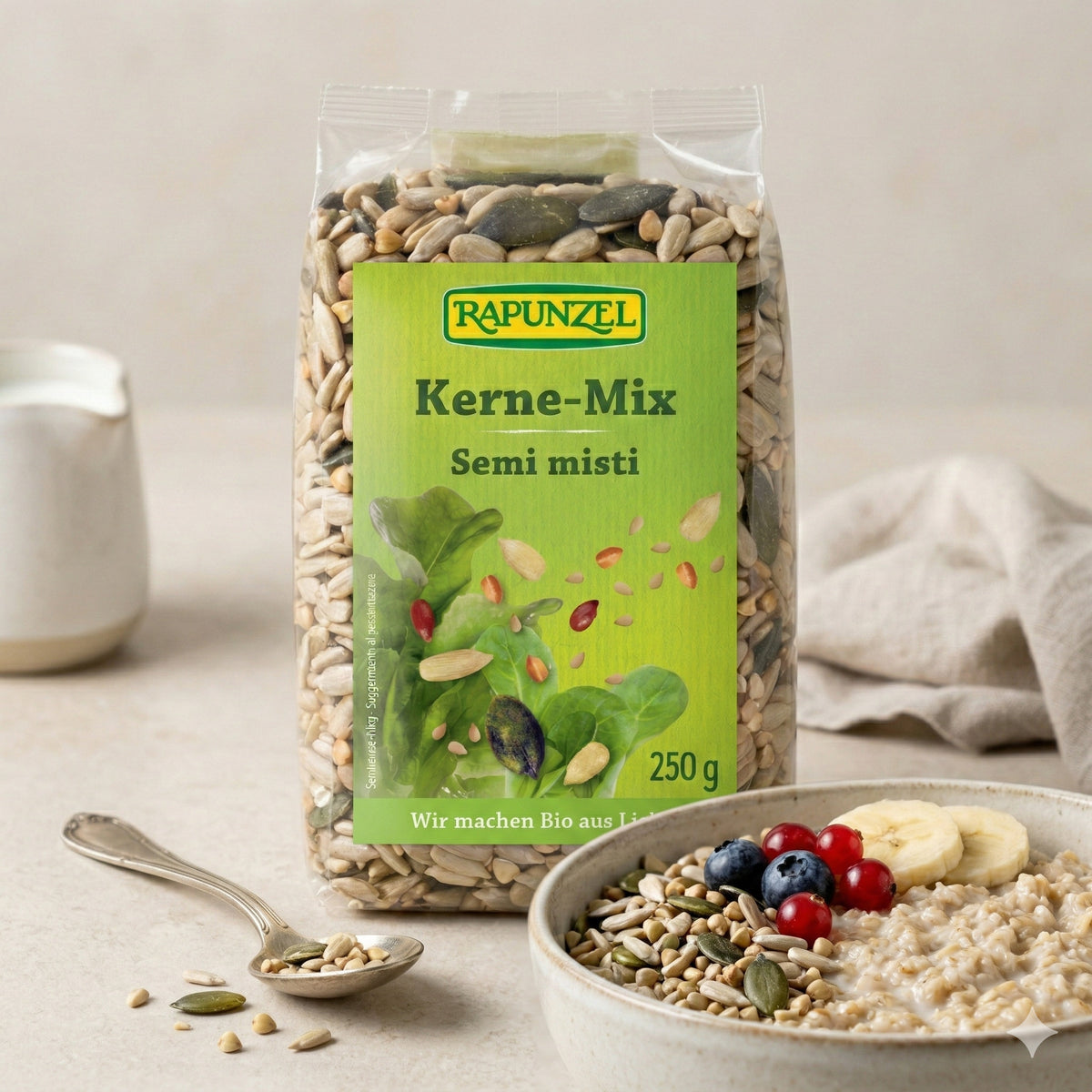 Bio Kerne-Mix von Rapunzel, 250g, in einer Schüssel mit gemischten Samen zum Kochen.