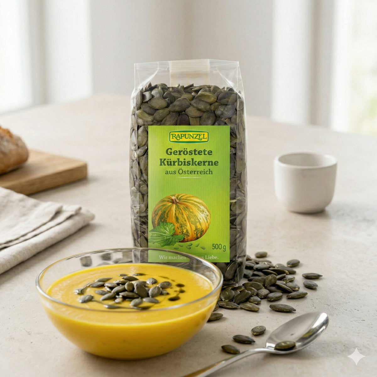 Geröstete Bio Kürbiskerne von Rapunzel in einer Schüssel, ideal zum Kochen, ab 500g, naturbelassen und knusprig.