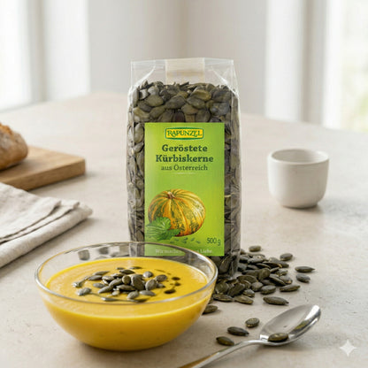 Geröstete Bio Kürbiskerne von Rapunzel in einer Schüssel, ideal zum Kochen, ab 500g, naturbelassen und knusprig.