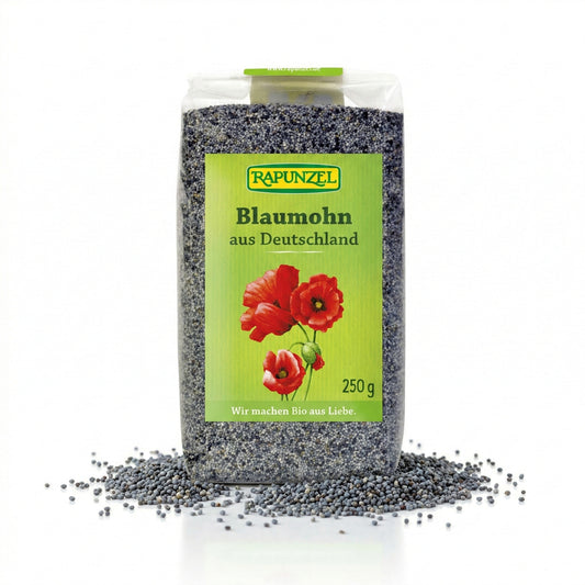Bio Blaumohn von Rapunzel in 250g Packung, frisch und naturbelassen, ideal zum Kochen und Backen, detailreiche Nahaufnahme