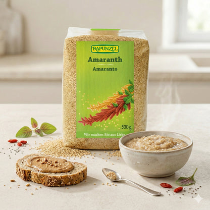 Bio Amaranth Samen von Rapunzel, in einer transparenten Schüssel, ideal zum Kochen, 500g Packung, nährstoffreiches Pseudogetreide