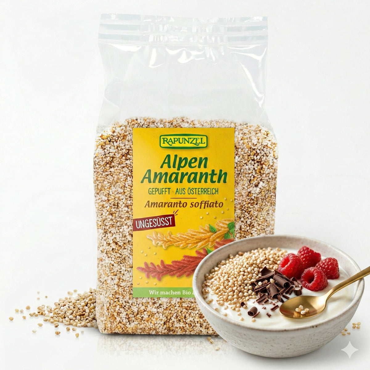 Bio Amaranth von Rapunzel, gepufft, für Kochen, ab 150g, natürliche, gesunde Zutat in einem transparenten Behälter