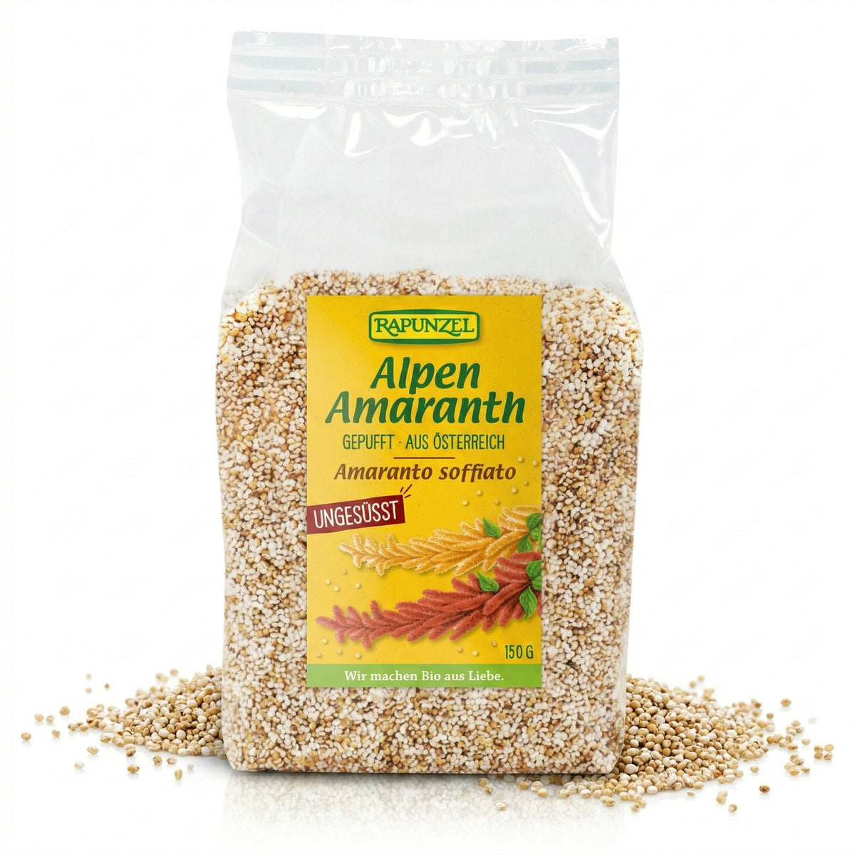 Bio Amaranth von Rapunzel, gepufft, in einer Schüssel, perfekt zum Kochen, 150g Packung, gesunde pflanzliche Zutaten
