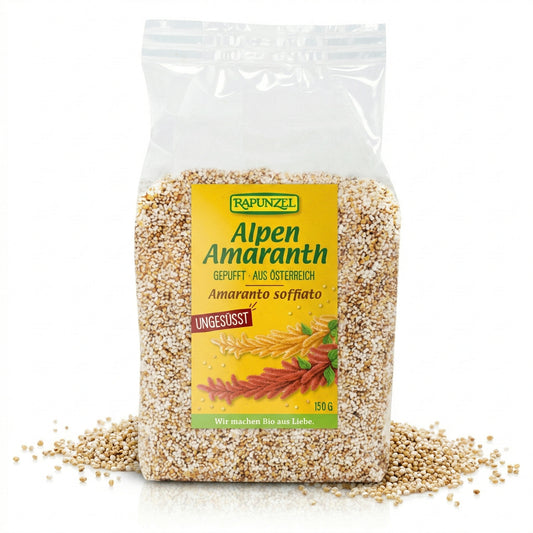 Bio Amaranth von Rapunzel, gepufft, in einer Schüssel, perfekt zum Kochen, 150g Packung, gesunde pflanzliche Zutaten