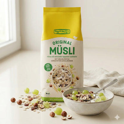 Bio Müsli von Rapunzel, Frühstücksprodukt in 2kg-Packung, mit Hafer, Nüssen und Trockenfrüchten, in einer offenen Schüssel.