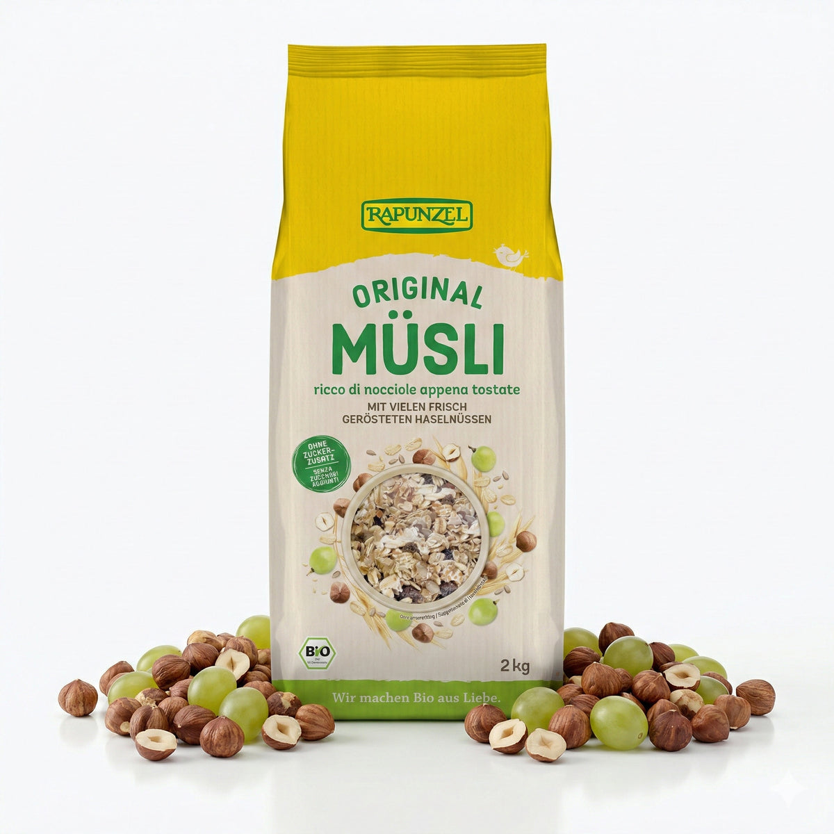 Bio Müsli von Rapunzel, natürliches Frühstücksprodukt, geöffnete Verpackung mit Müsli, ideal für ein gesundes Frühstück.