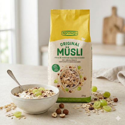 Bio Müsli von Rapunzel, für ein gesundes Frühstück, in 750g Packung, mit Hafer, Nüssen und Trockenfrüchten, natürlich und knusprig.