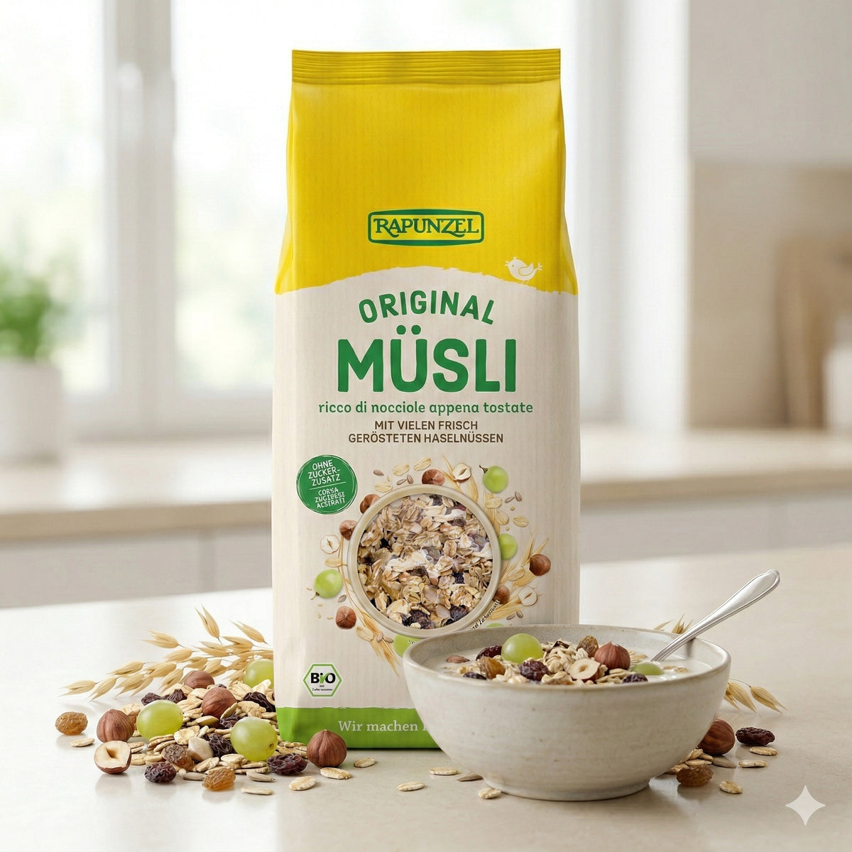 Bio Müsli von Rapunzel, ideal für Frühstück, zeigt eine offene Packung mit buntem Getreide und Nüssen in einer Schüssel.